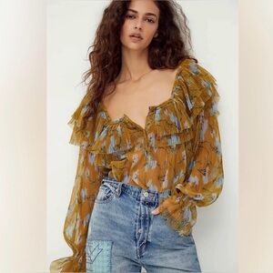 Free People || Frills and Thrills Ruffled Mustard Floral Sheer Top XS